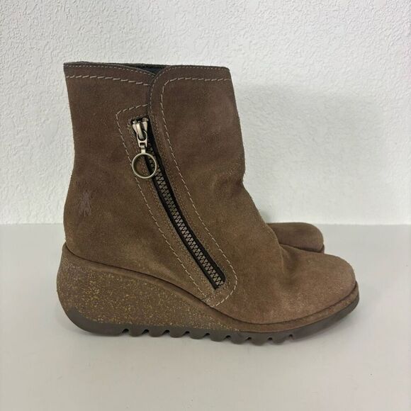 Fly London Women's Taupe Suede Cork Wedge Zipper Side Mid Calf Booties Size 8-8. - Picture 1 of 11